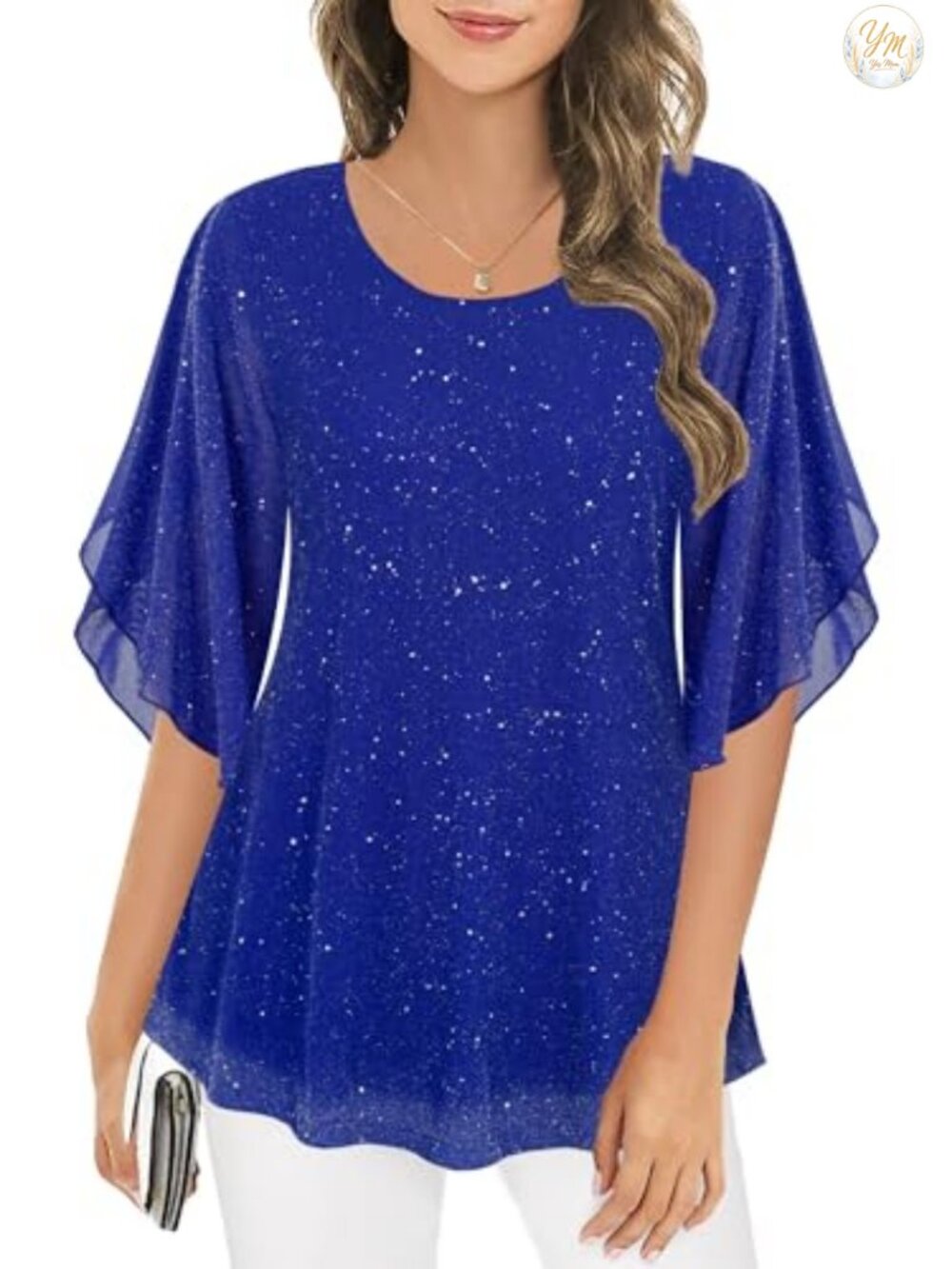 Women's 3/4 Sleeve Mesh Tunic Blouse - Loose Fit, Soft Sequins